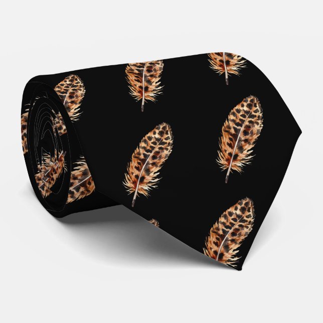 Gravata com Estampa de Pena e Impressão de Leopard (Rolled)