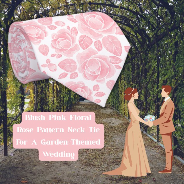 Gravata com Estampa de Rosa Floral Rosa Corada (Blush Pink Floral Rose Pattern Neck Tie)