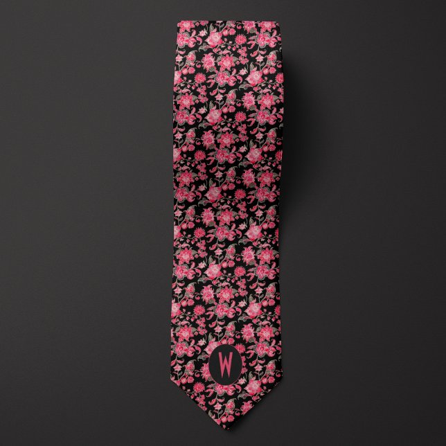 Gravata com Floral Rosa sobre Preto (Criador carregado)