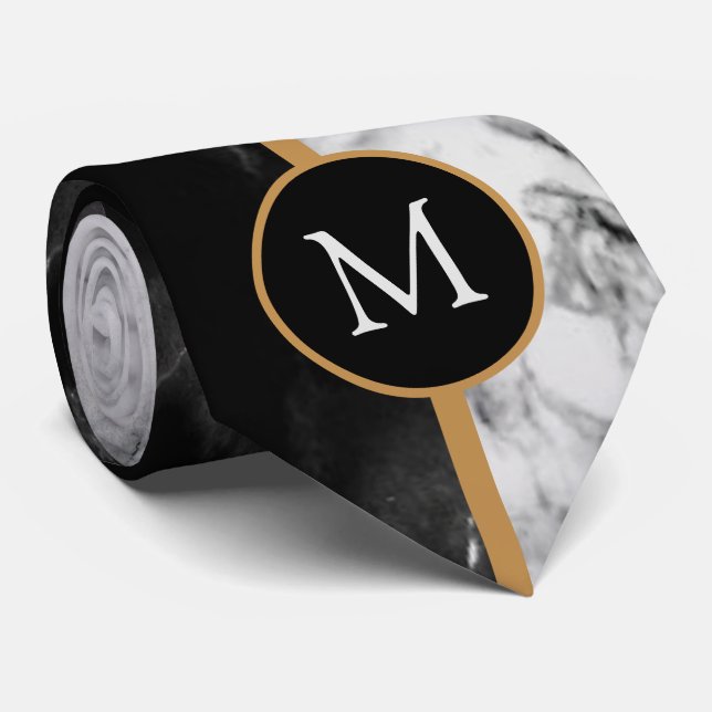 Gravata com Monograma Preto Branco Mármore Xadrez (Rolled)