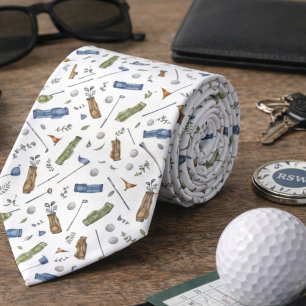 Gravata com Padrão de Golfe Azul Verde em Aquarela