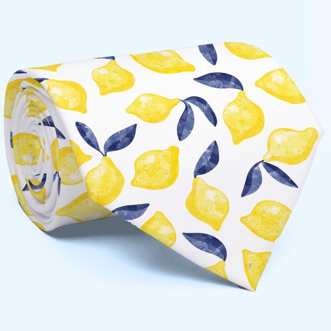 Gravata com padrão de limão em aquarela (Mediterranean summer watercolor lemon pattern blue and yellow neck tie)