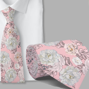 Gravata com Padrão Floral Rosa Bege com Flores Gra