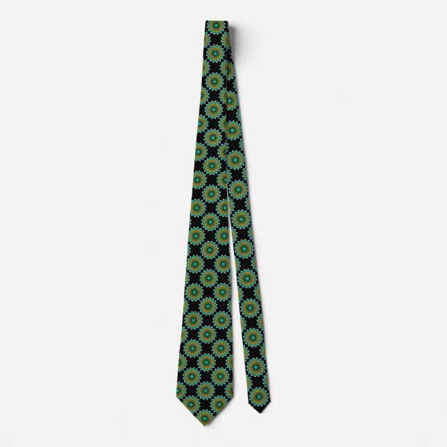 Gravata com padrão geométrico floral verde-teal (Frente)