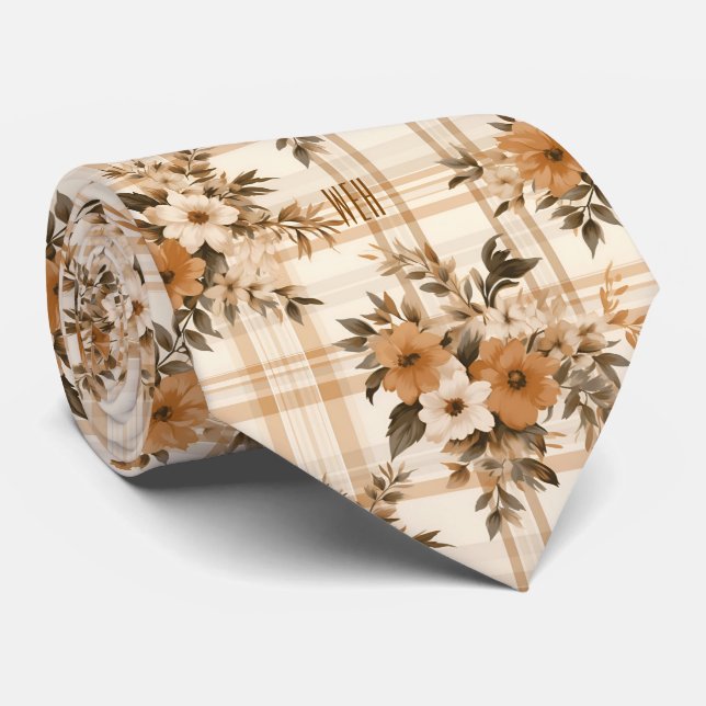 Gravata com padrão xadrez de flores de outono Mono (Rolled)