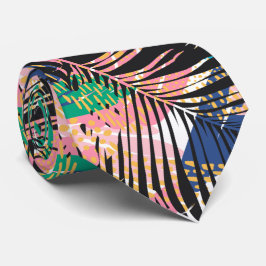 Gravata com Plantas Tropicais Preto Rosa Verde Bra