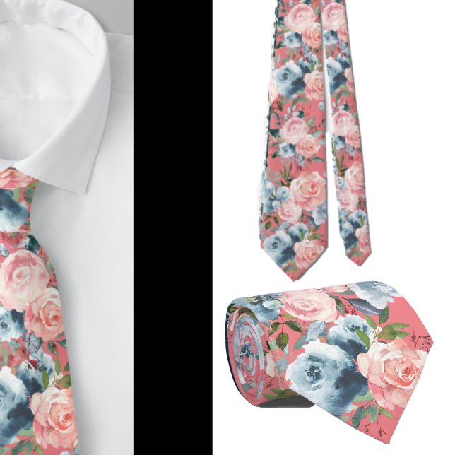 Gravata com Rosas Rosa e Azul Flores Padrão Floral (Criador carregado)