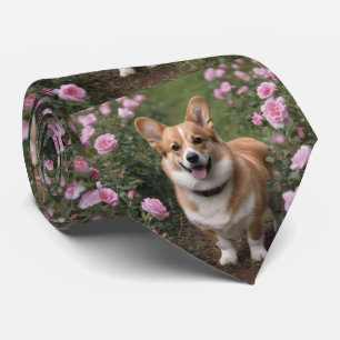 Gravata "Companheiro charmoso: um Corgi em um jardim rosa