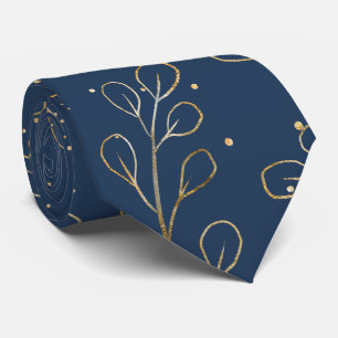 Gravata Contorno Dourado Eucalipto Azul Marinho Casamento