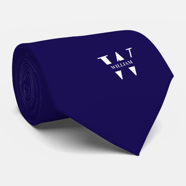Gravata Cor Azul Profundo Monograma + Nome Elegante (Rolled)