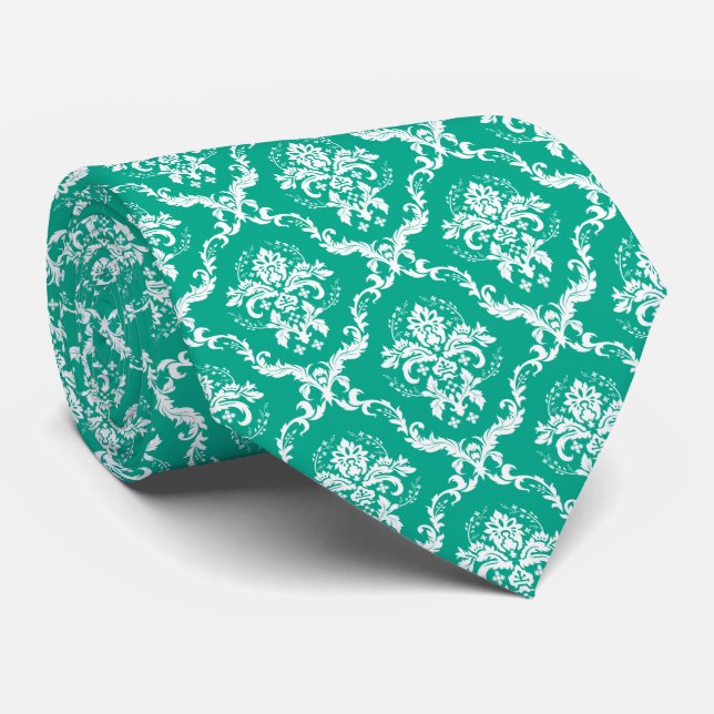 Gravata Cor damasco Floral Branco e Verde (Rolled)
