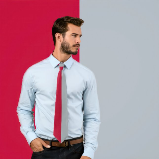 Gravata Cor de Divisão da Cinza Escarlate (Man wears a Scarlet & Light Gray Split Color Neck Tie)