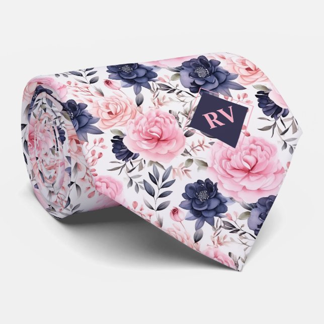 Gravata Cor Floral Rosa e Azul (Rolled)