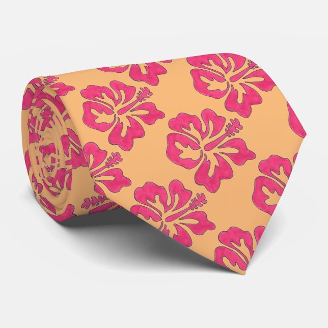 Gravata Cor Rosa Laranja Floral Tropical de Hibiscus Flor  (Rolled)