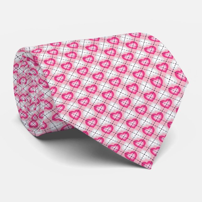 Gravata Corações Rosa e Branco (Rolled)