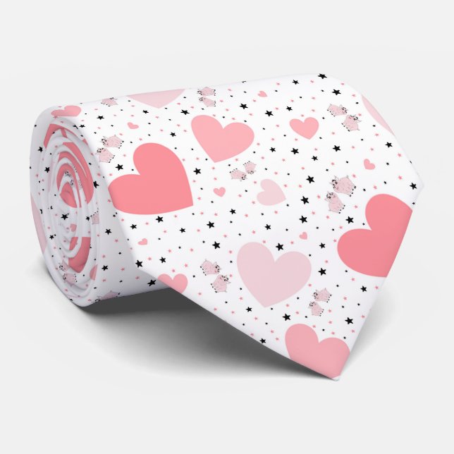 Gravata Corações rosa e porquinho (Rolled)