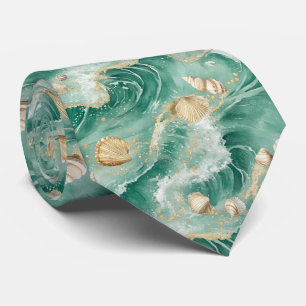 Gravata Coral Dourado Elegante e Seashell Watercolor Art (