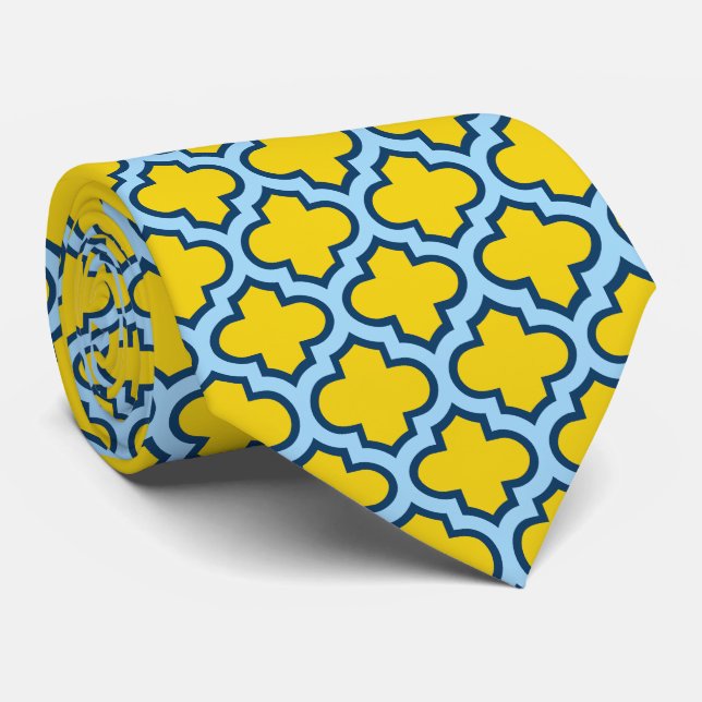 Gravata Corante amarelo e azul-bebê, latido, quatrefoil (Rolled)