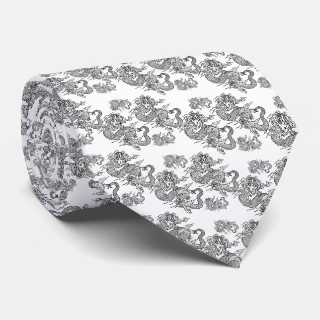 Gravata Corbata elegante blanco con dragón negro (Rolled)