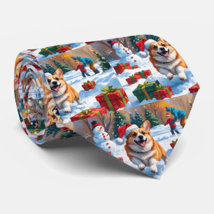 Gravata Corgi Correndo na Neve com Chapéu de Natal