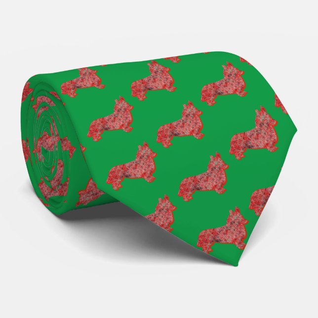 Gravata Corgi Welsh Christmas Dog Silhouette Neck Verde (Rolled)