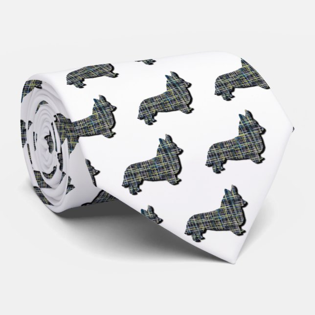 Gravata Corgi Welsh Dog Yellow & Black Grid White Tie (Rolled)