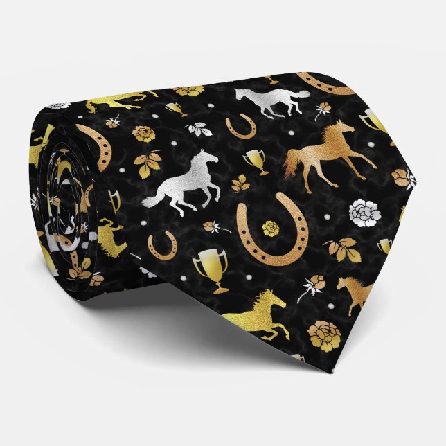 Gravata Corrida de Cavalo Derby Day Party Black Dourado (Rolled)