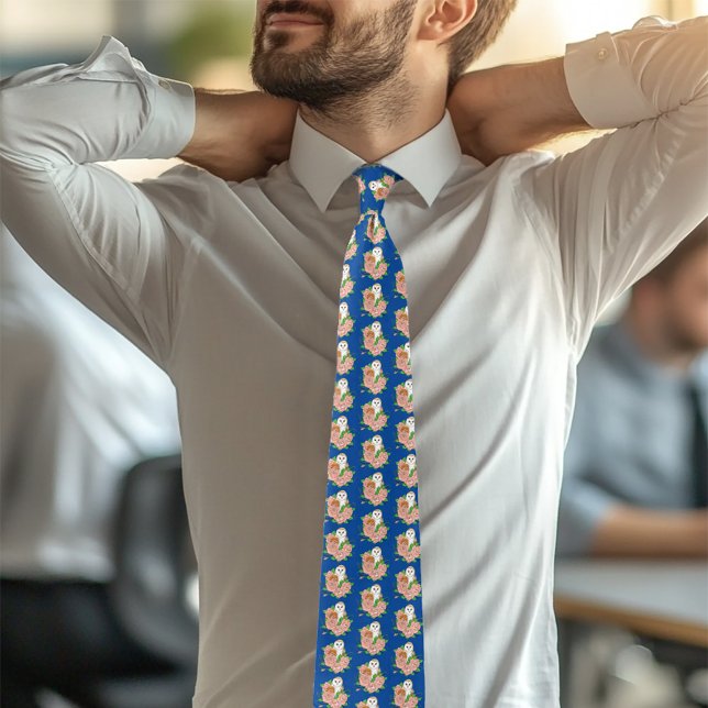 Gravata Coruja-Celeiro Azul Flores Rosa (Criador carregado)