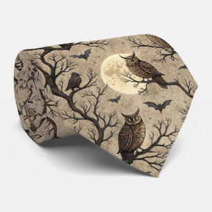 Gravata Corujas e Lua do Halloween Vintage