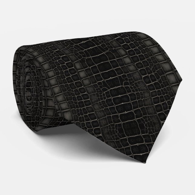 Gravata Couro de Dragão Cobra Jacaré Crocodilo Preto  (Rolled)