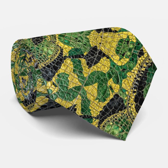 Gravata Couro de Dragão Crocodilo Jacaré Amarelo Verde (Rolled)