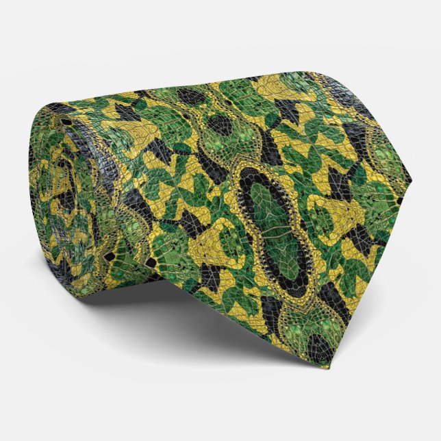 Gravata Couro de Dragão, Crocodilo, Jacaré Verde Amarelo (Rolled)