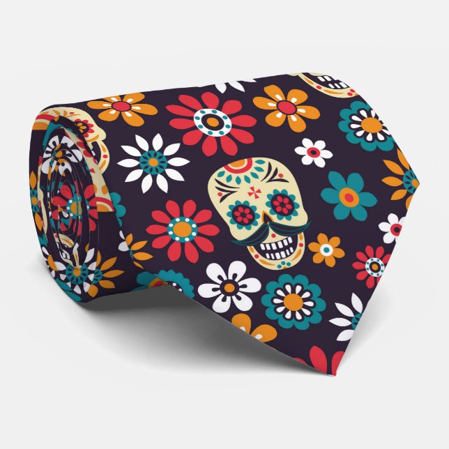 Gravata crânio multicolorido padrão floral (Rolled)
