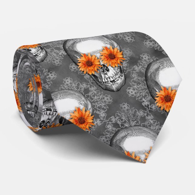 Gravata Crânios Laranja e Série de Girassóis Design 9  (Rolled)