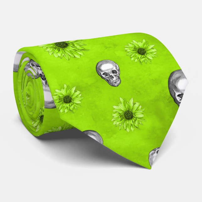 Gravata Crânios Verdes e Série de Girassóis Design 1  (Rolled)