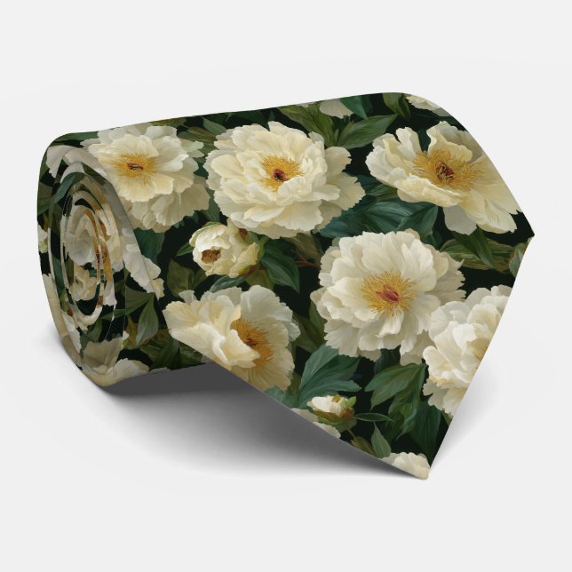 Gravata Cream White Peony Floral Pattern (Rolled)