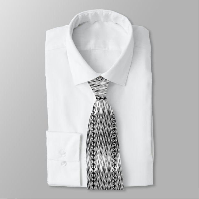Gravata Crítico Chevron Damask, Cinza, Preto e Branco (Amarrado)