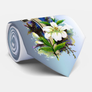 Gravata Cruz dourada da páscoa e flores brancas de Lilly