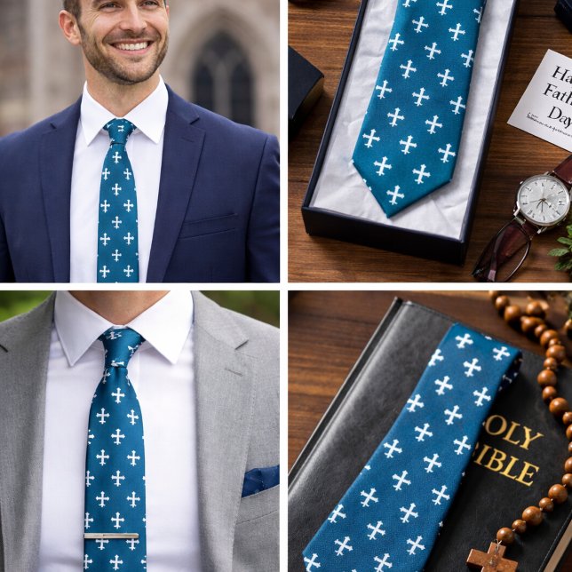 Gravata Cruz Ortodoxa Russa Azul Turquesa Cristã (Russian Orthodox Cross Teal Blue Christian Neck Tie)