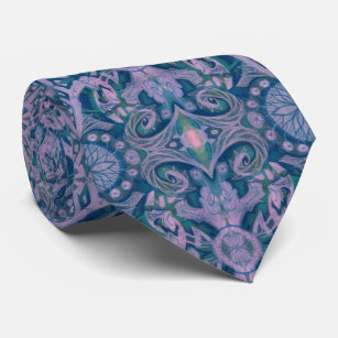 Gravata Curvas e Lótus, abstrato floral, lavanda e azul