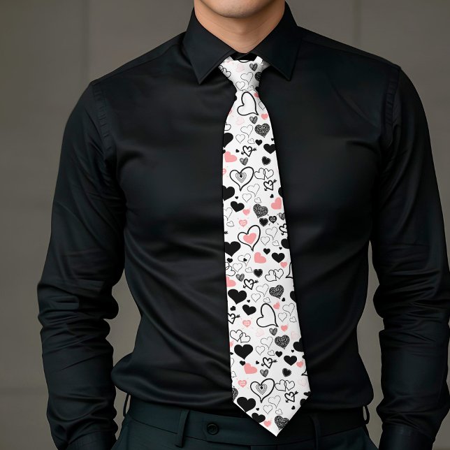 Gravata Custom Love Tie Pink Black Heart Sketch (Custom Love Tie Pink Black Heart Sketch)