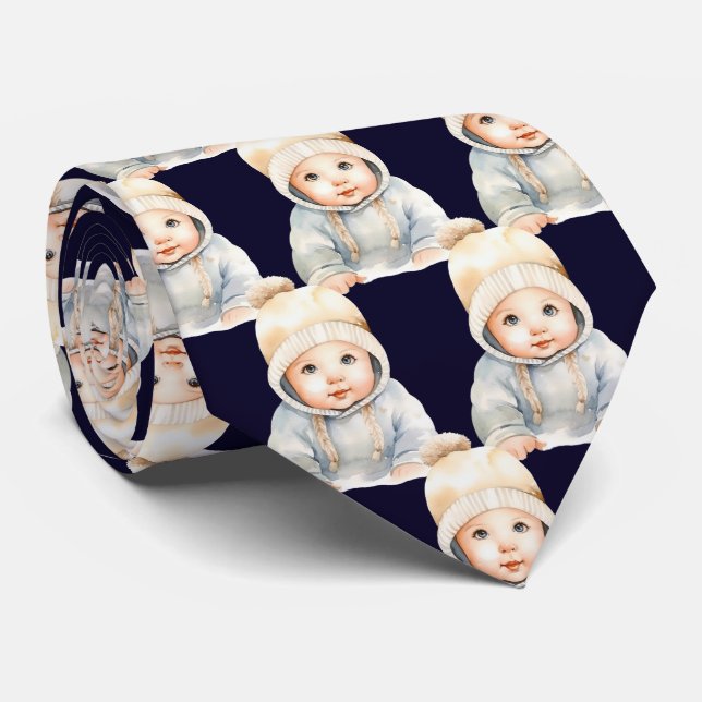 Gravata Custom Your Baby Photo Cut-Out Navy Blue Neck Tie (Rolled)