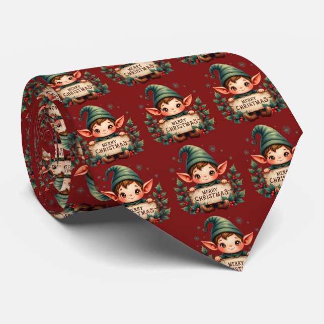 Gravata Cute Christmas Elf Holding Merry Sign Red (Rolled)