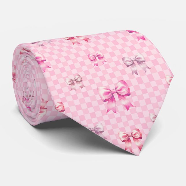 Gravata Cute Pink Ribbon and Gingham Sweet Girly Pattern (Rolled)