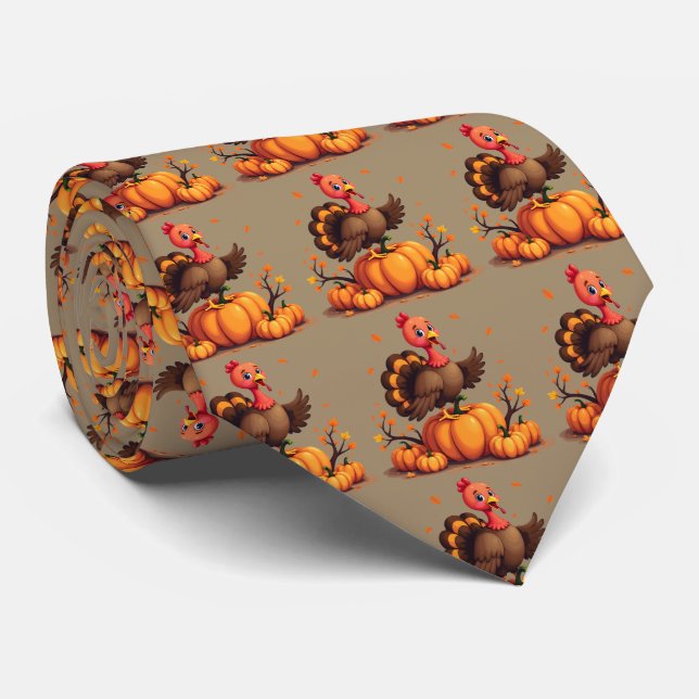 Gravata Cute Thanksgiving Turkey Autumn Pumpkins Scene (Rolled)