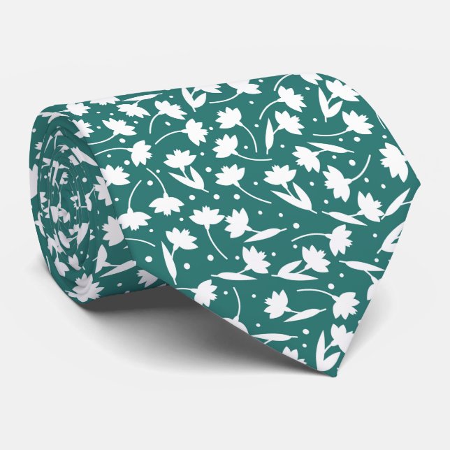 Gravata Cute tiny white flower pattern turquoise pattern (Rolled)
