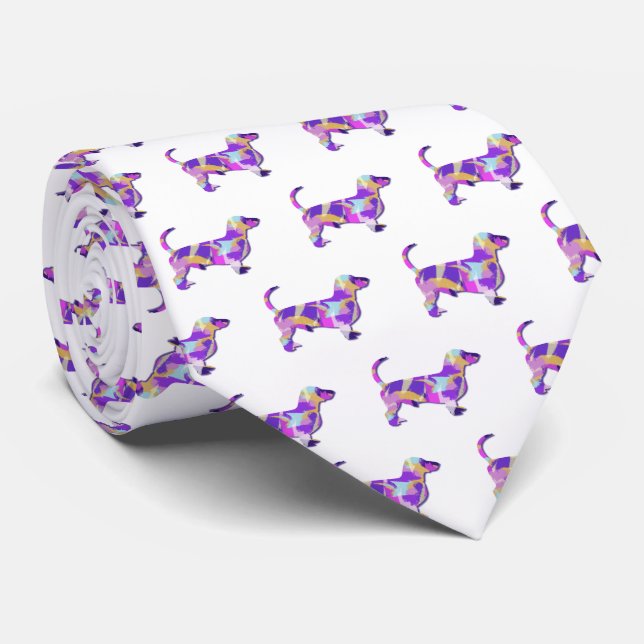 Gravata Dachshund Daxie Silhouette Pescoço Branco Roxo (Rolled)