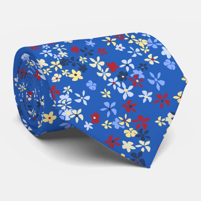 Gravata Daisy Dot Floral Royal Impresso em Dois Lados (Rolled)