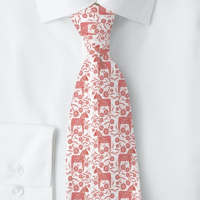 Gravata Dala Horse Red and White FolArt (Swedish Dala Horse red and white folk art pattern tie)