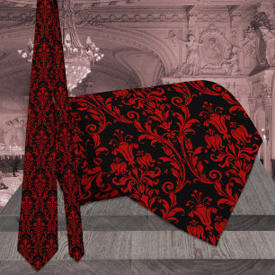 Gravata Damasco Floral Vermelho Preto